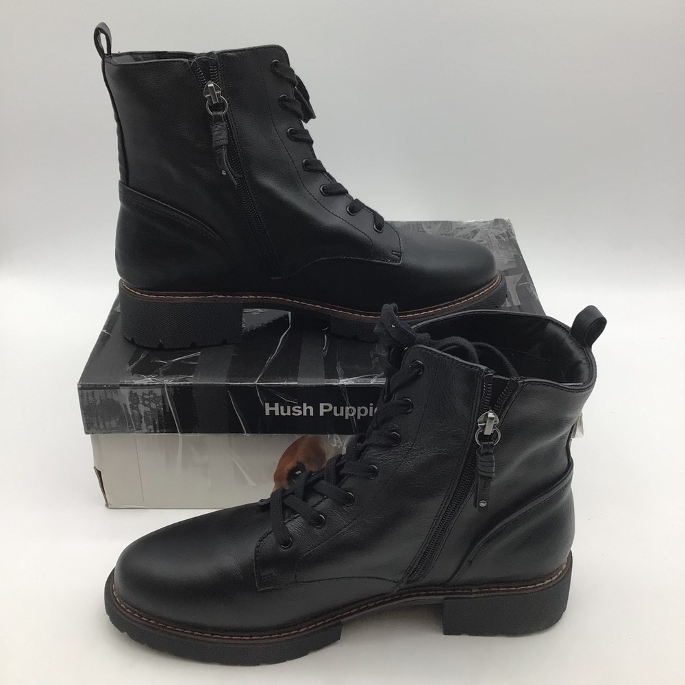 Hush Puppies Womens Black Leather Combat Boots PW-KIT Size 10M Side Zip NEW